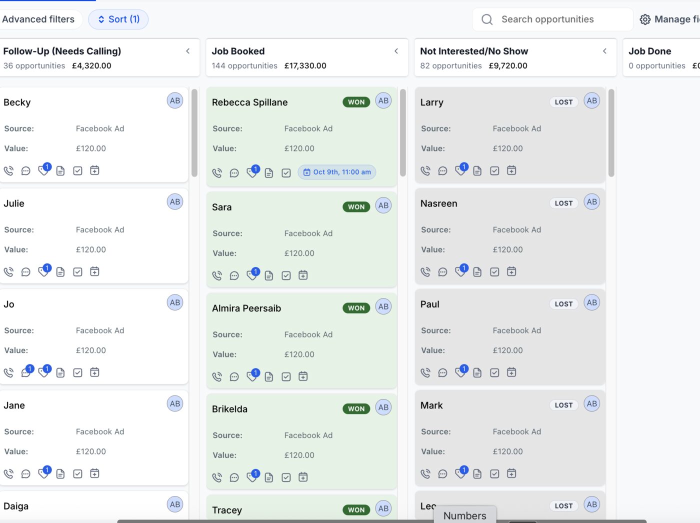 Booking pipeline: the Job Booked column green with WON, 144 opportunities worth £17,330