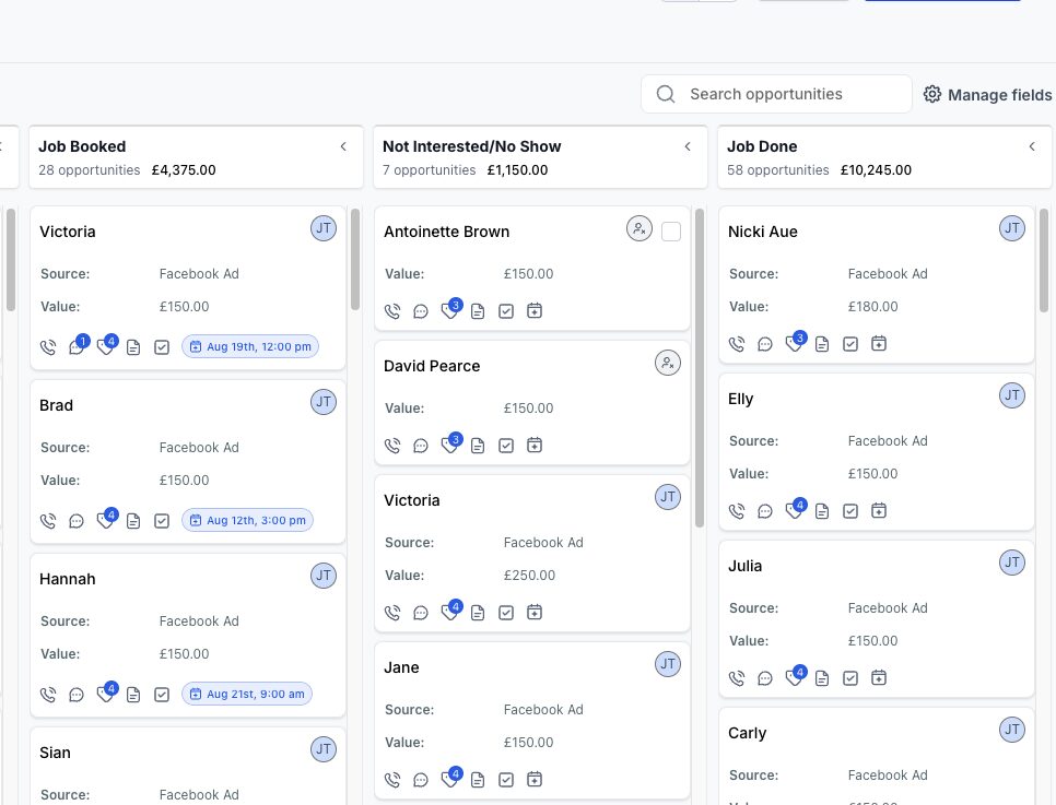 Booking pipeline: 58 jobs done worth £10,245, all sourced from Facebook ads